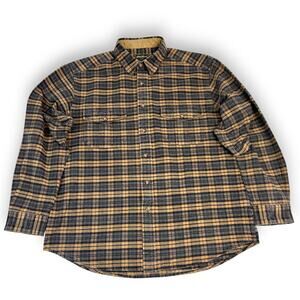 Eddie Bauer Mens L Shirt Flannel Heavy Button Up Gold Gray 100% Cotton